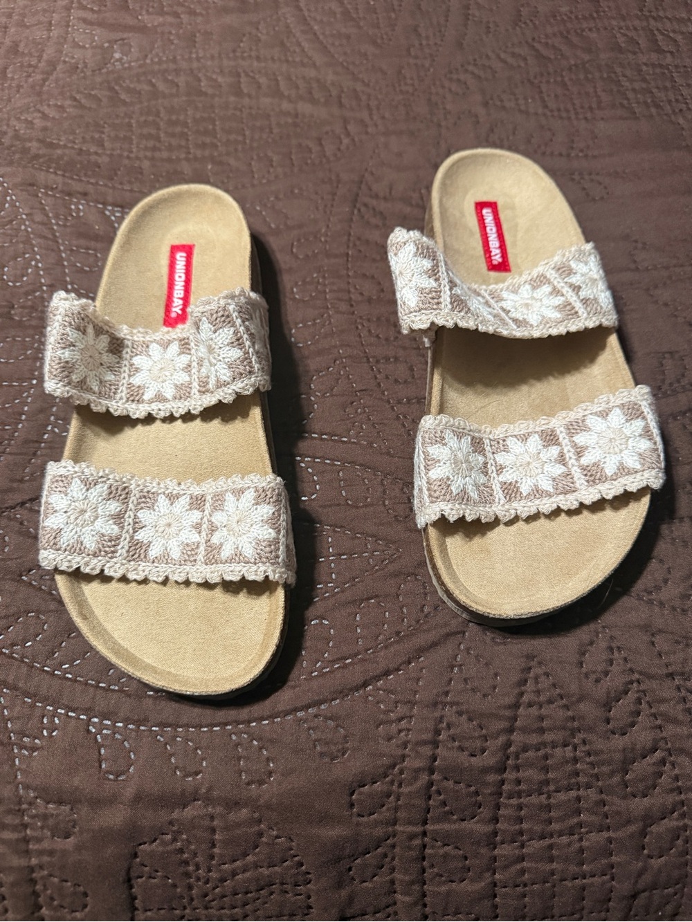 UNIONBAY Beige Crochet Double-Strap Slide Sandals